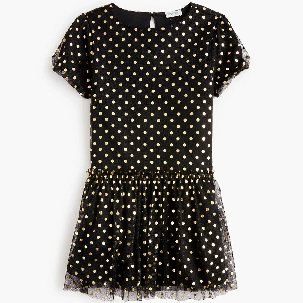 J. Crew's Girls' Shiny Black and Gold Polka-Dot Dress/NWT/2